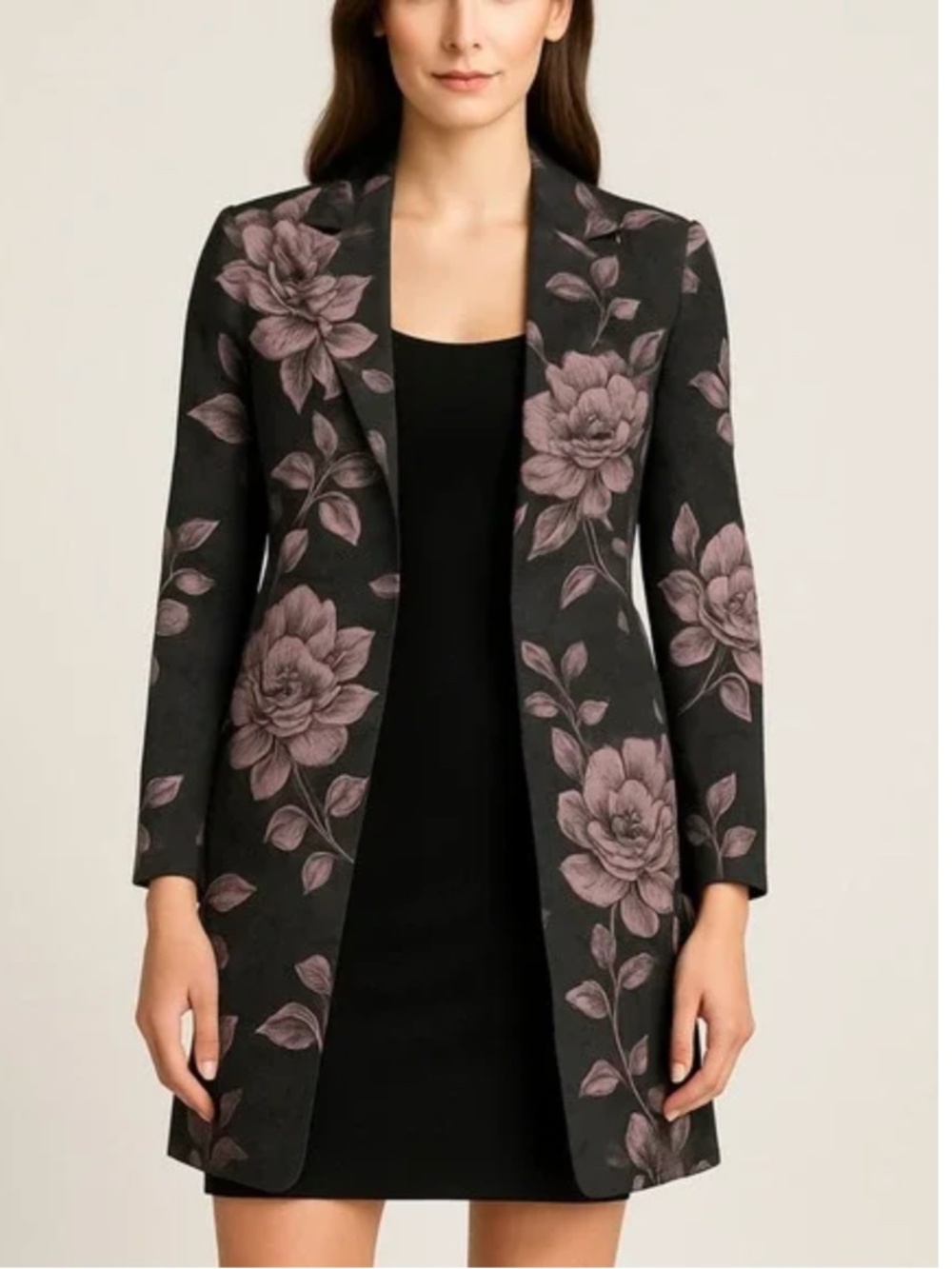 Talbots Green w/ Gray & Pink Flowers Open Midi Blazer / Coat / Jacket Size 16p